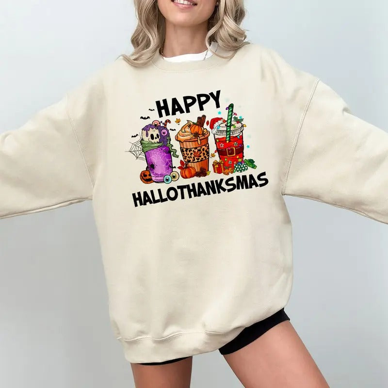 Happy Hallothanksmas Coffee Sweatshirt, Happy Halloween Shirt, Thanksgiving Shirt, Christmas 2024 Shirt, Santa Shirt, Autumn