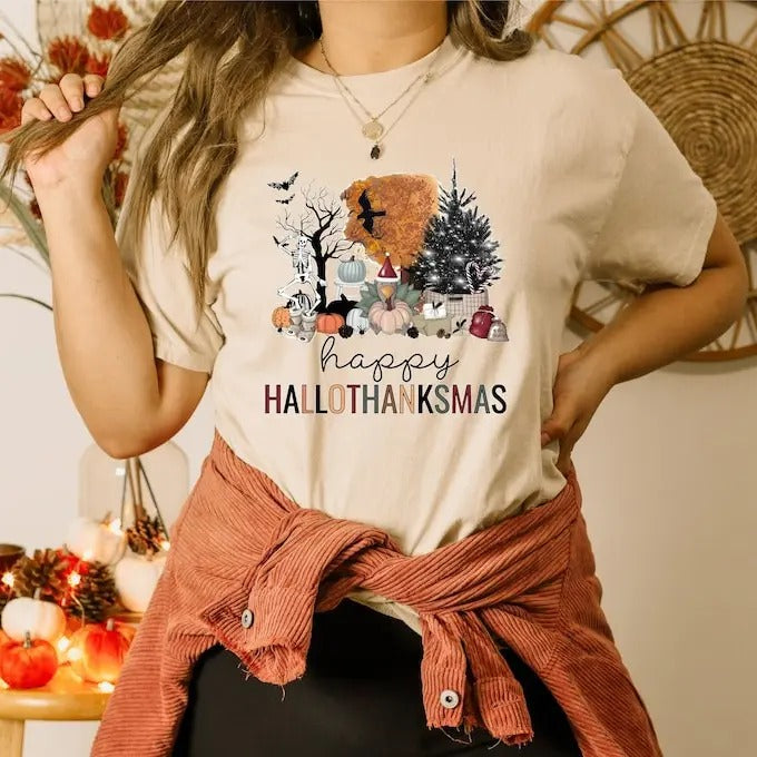 Happy Hallothanksmas Shirt, Happy Halloween Thanksgiving Christmas Shirt, Holiday Season Shirt, Funny Halloween Gift, Fall Shirt, Autumn Tee