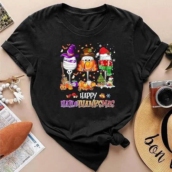 Happy Hallothanksmas Wine Sweatshirt, Funny Happy Hallothanksmas Wine Shirt, Wine Christmas Shirt Gift For Wine Lover