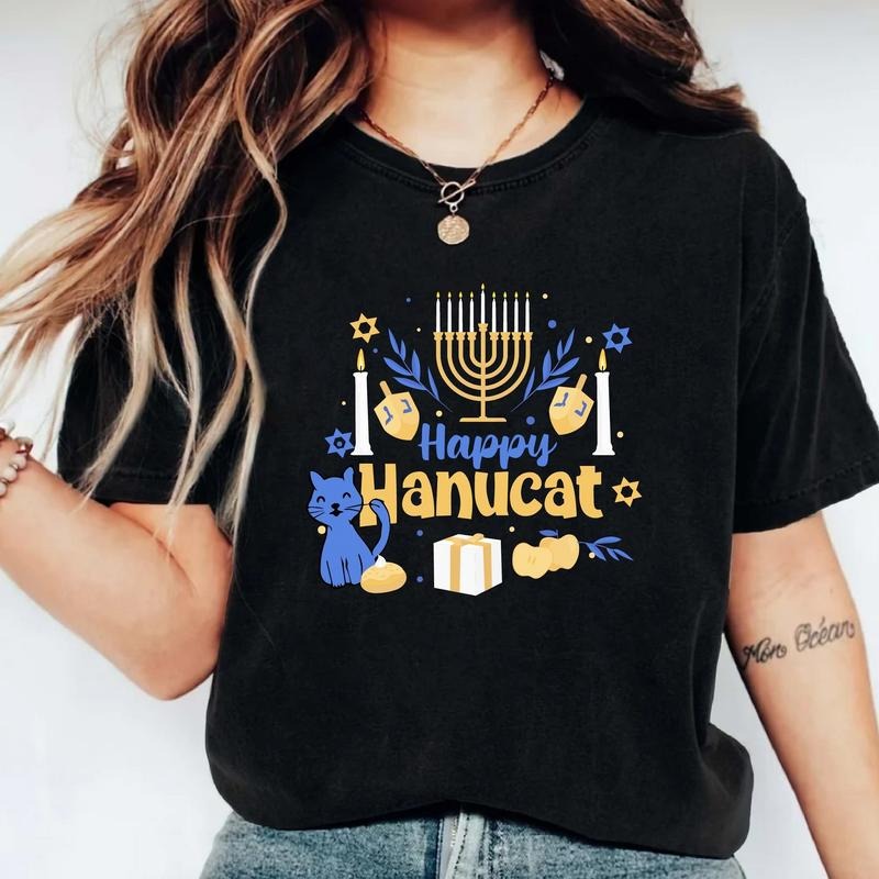 Happy Hanucat T-Shirt, Matching Jewish Family Shirt, Hanukkah Gift Tee, Menorah Shirt For Mother, Cat Lover Hanukkah Tee.