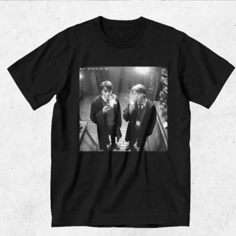 Harry and Ron Smoking Shirt Wizarding Fan Funny 90s Vintage Meme Summer Tees Crew Necks
