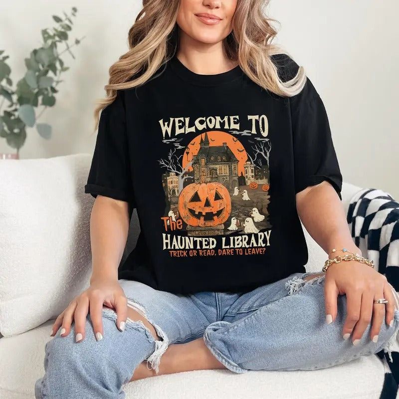 Haunted Library Halloween Sweatshirt, Bookish Halloween Tee Shirt, Funny Halloween Librarian Graphic T-Shirt, Ghost Reading Book Sweater, Spooky Book Lover Gift, Gift For Halloween