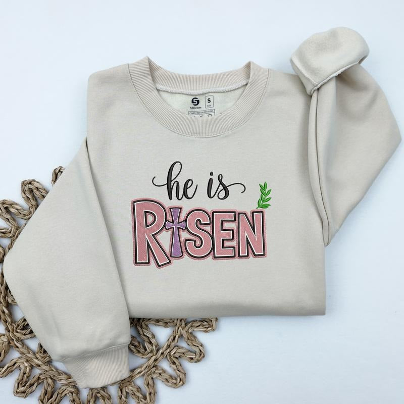 He Is Risen Easter Embroidered Sweatshirt, Trendy Easter Cross Sweatshirt, Christian Embroidered Crewneck Sweater