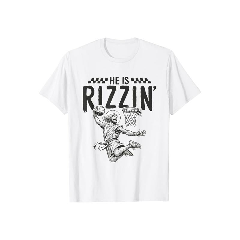 He Is Rizzin Easter Boys Basketball Jesus Shirt Casual Style Crew Neck Short Sleeve T-Shirt Tops Trendy for Unisex, Perfect Gift