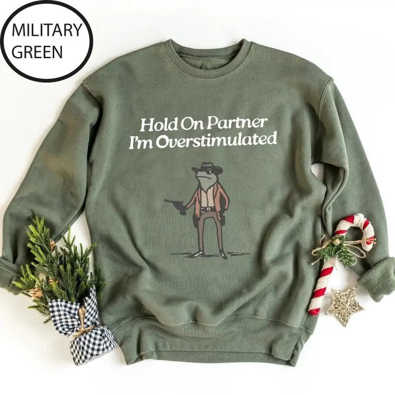 Hold On Partner Im Overstimulated Funny Sweatshirt,Cowboy Frog Unhinged Shirt, Cute Animal Sweatshirt, Cowboy Frog Sweatshirt