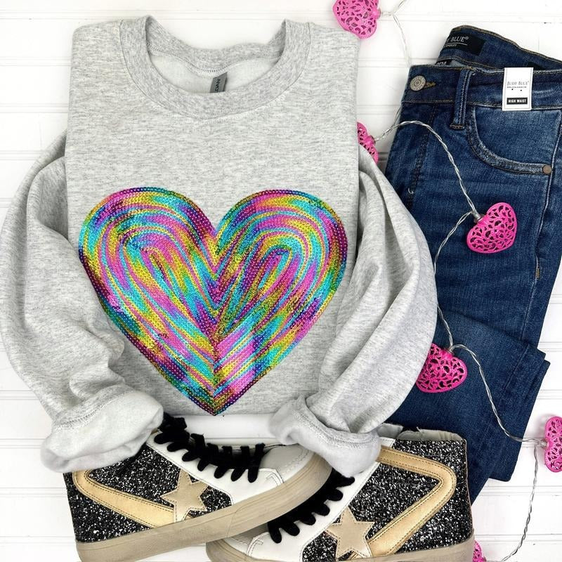 Holographic HEART Sequin Patch Sweatshirt -- Ash Grey