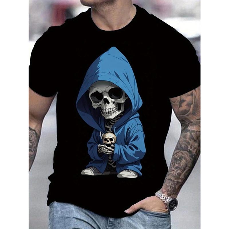 Hoodie Skeleton Print T-Shirt for Men - Casual Cotton Summer Top with Round Neck, Knit Fabric, Halloween-Themed Design, Adult Unisex Short Sleeve Made in USA