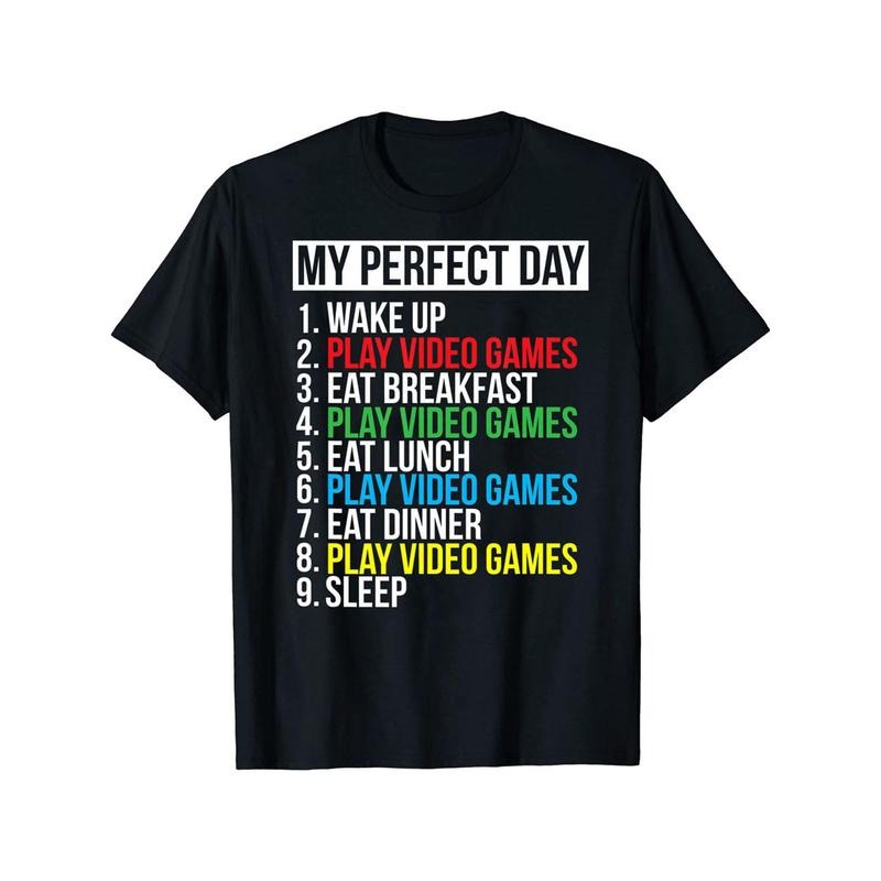 Humorous "My Perfect Day" Graphic T-Shirt for Men - Short Sleeve, Casual, Funny Video Game Print Tee - Perfect Gift for Gamers, Summer, Spring, and Fall Made in USA