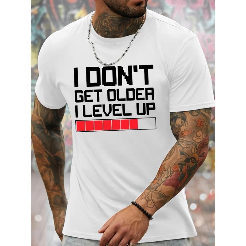 I DON'T GET OLDER I LEVEL UP and Bar Graphic Print, Men's Novel Graphic Design T-shirt, Casual Tees for Summer, Men's Clothing Tops for Daily Activities Made in USA
