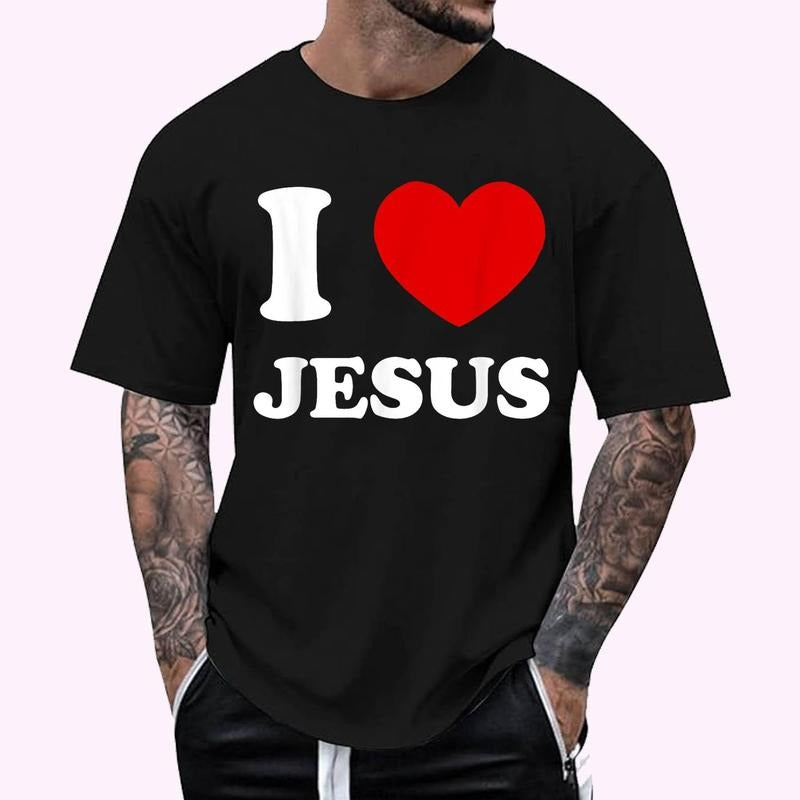 I Love Jesus I Heart Jesus Funny Jesus T-Shirt - Men's Regular Fit Letter Graphic Round Neck Tee, Casual Short Sleeve, Crew Neck Shirt for Summer, Fashion Men's Top for daily Wear, Graphic Tees