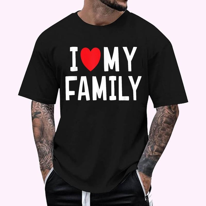 I Love My Family Gathering Reunion Celebration Heart T-Shirt - Men's Regular Fit Letter Graphic Round Neck Tee, Casual Short Sleeve, Crew Neck Shirt for Summer, Fashion Men's Top for daily Wear, Graphic Tees