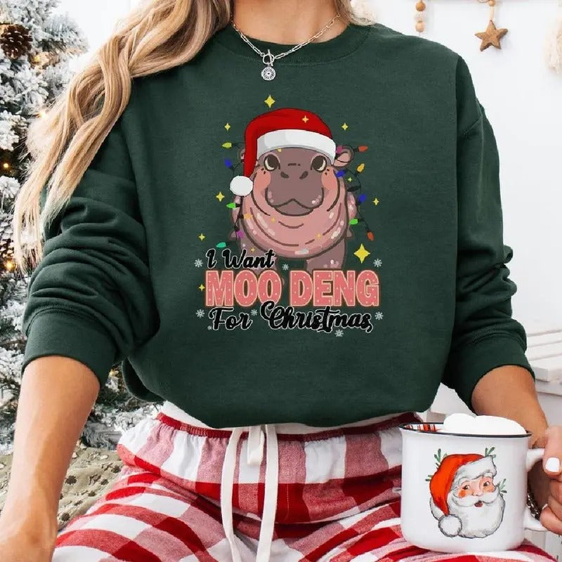 I Want Moo Deng For Christmas Shirt, Christmas Hippo Light Shirt Vintage Shirt Christmas Tshirt