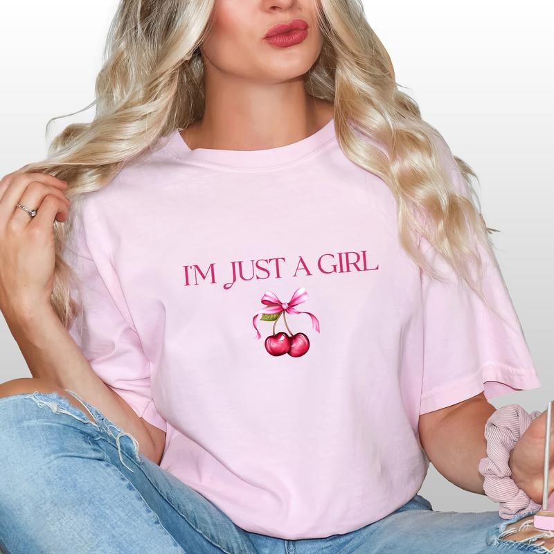 I'm Just A Girl Shirt, Coquette Cherry Graphic Printed Tee, Cherries Lover Women Unhinged Shirt, I'm Literally Just A Girl Coquette T-shirt, Comfy Fabric Graphic Tee, Gift Shirt For Girlfriend, Women's Tops, Womenswear, Cotton Fabric Tee
