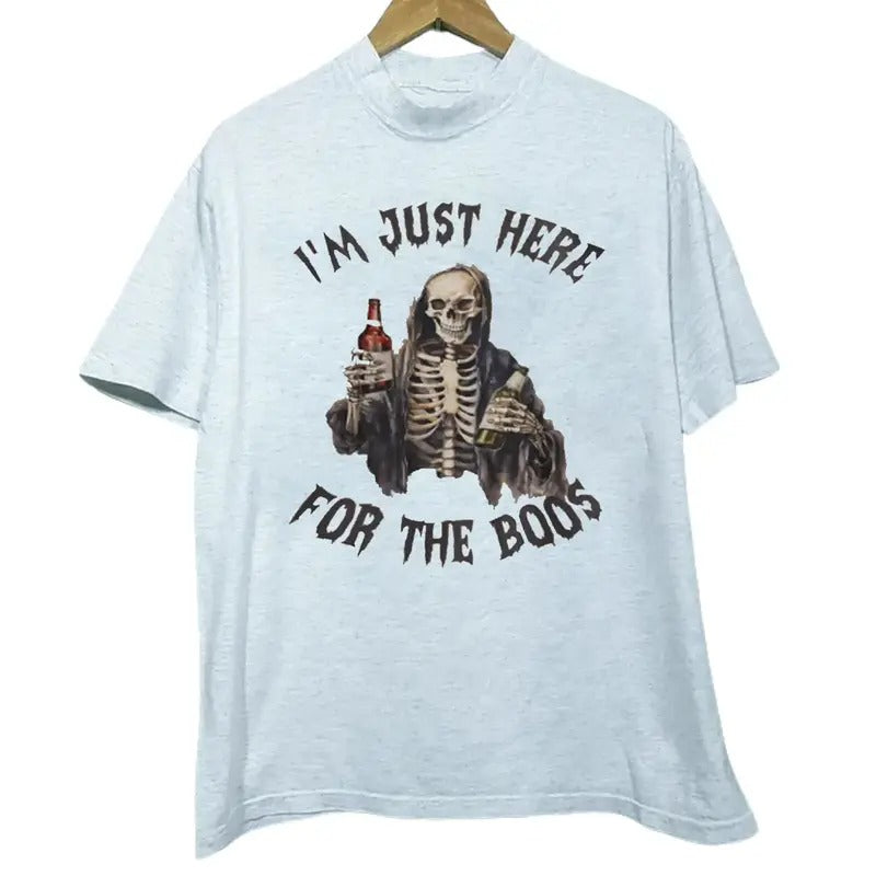 I'm Just Here For The BOOS, Spooky Beer Lovers Halloween Vintage Cotton T-shirt for Men and Women Menswear Top