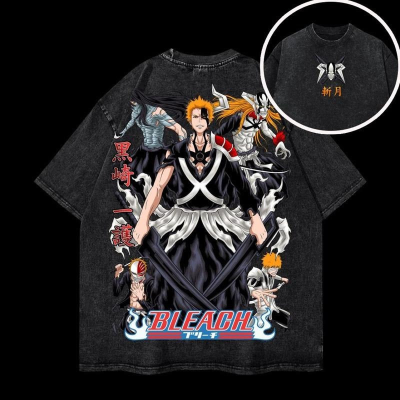 Ichigo's Forms, Heavy Oversized Acid-Washed Unisex Anime T-Shirt, Streetwear & Gym Style, 250 GSM, Bleach, Made to Last, Durable