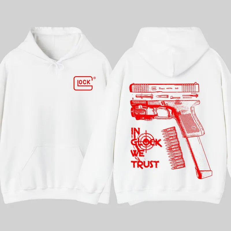 In GLock We Trust Hoodie - Full Design Graphic White Hoodie - Streetwear for Men's & Women's Fit Long Sleeve Hoodie