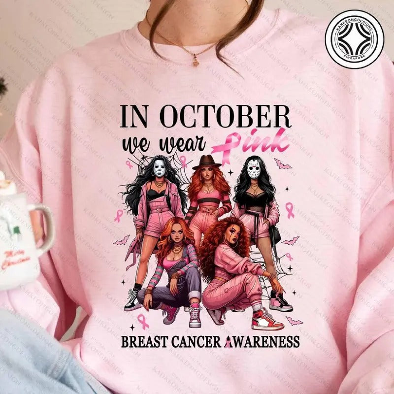 In October We Wear Pink Shirt, In October We Wear Pink Halloween Shirt, Girl Characters Movies Shirt, Breast Cancer Month Halloween Tshirt