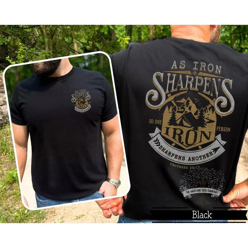 Iron Sharpens Iron Mens Christian T-shirt Proverbs 27 Shirt Vintage Christian Camping Tshirt for Him Christian Shirt for Men Motivational T