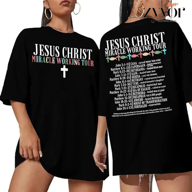 Jesus Christ Miracle Working Tour 2 Side Tee Pure Cotton Casual Street Style Crew Neck Short Sleeve T-Shirt Tops Trendy for Unisex