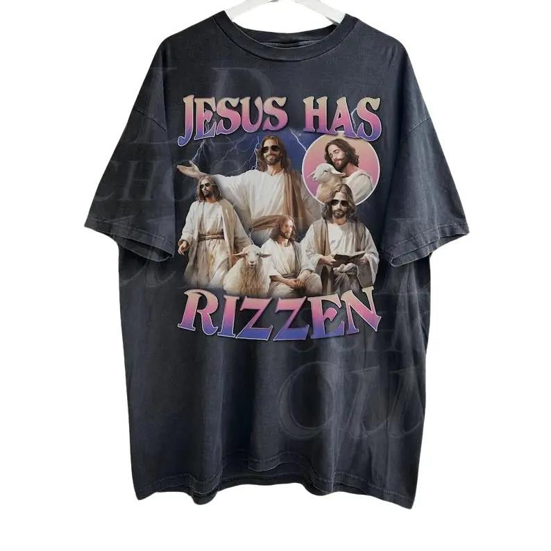 Jesus Has Rizzen Vintage T-Shirt, Retro 90s Graphic Shirt, Funny Shirts, Distressed Cotton Shirt, Oversized Bootleg Tees Fabric Menswear