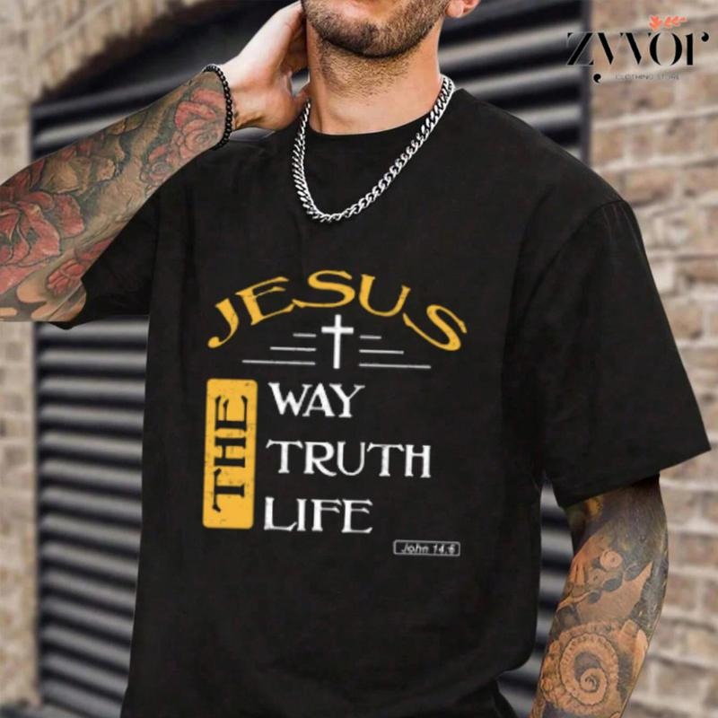 Jesus The Way Truth Life Christian T-Shirt Casual Style Crew Neck Short Sleeve T-Shirt Tops Trendy for Unisex, Perfect Gift