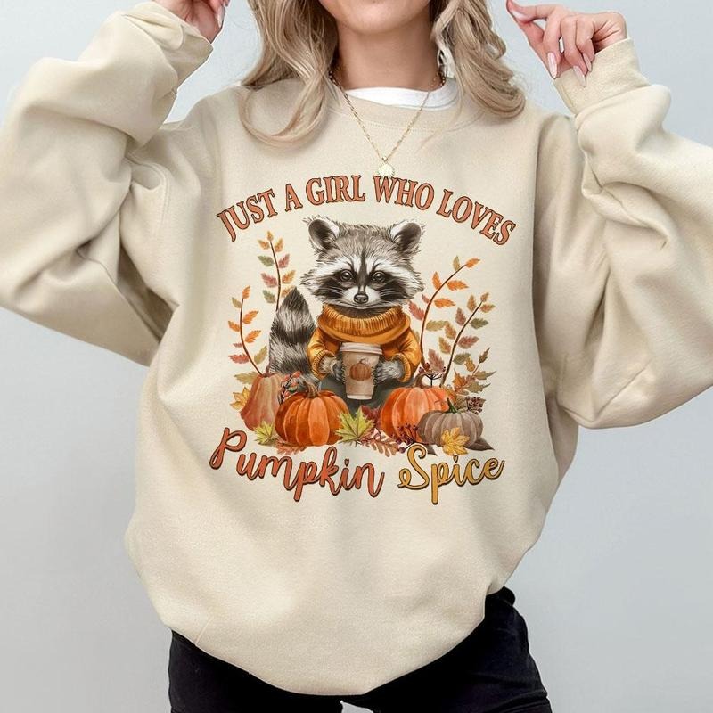 Just A Girl Who Loves Pumpkin Spice Shirt, Funny Autumn Racoon Sweatshirt, Street Cats Shirt, Fall Lover T-Shirt, Feral Fall Tee, Gift For Her, Women Top Casual Crewneck
