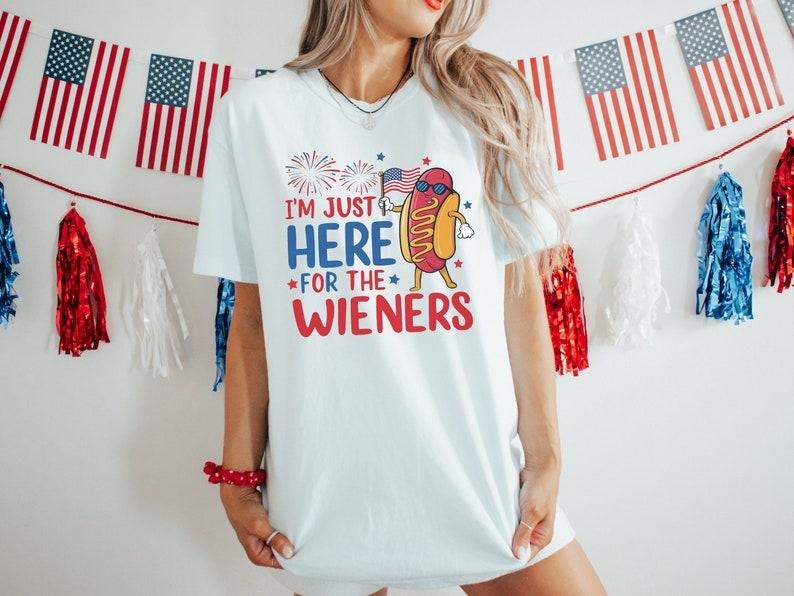 Just Here For The Wieners Shirt, Hot Dog T-Shirt, 4th of July Funny Hot Dog, Independence Day Tee, Retro America Patriotic Weenies