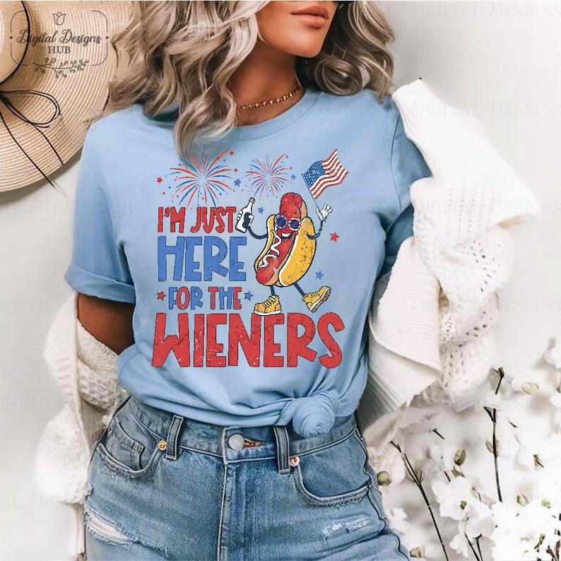 Just Here For The Wieners Shirt, Hot Dog T-Shirt, 4th of July Shirt Funny, Independence Day Tee, Retro America Patriotic Weenies