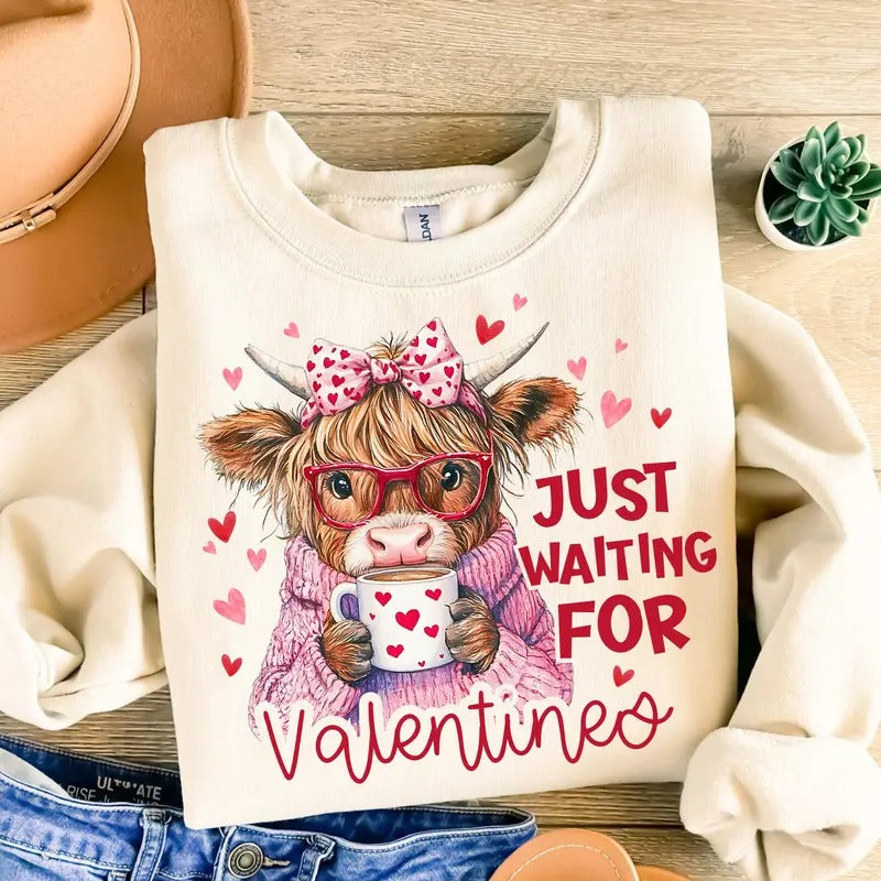 Just Waiting For Valentine Highland Cow Sweatshirt, Retro Girly Valentine Funny Valentines Shirt, Gift For her, Valentine's Day Sweatshirt