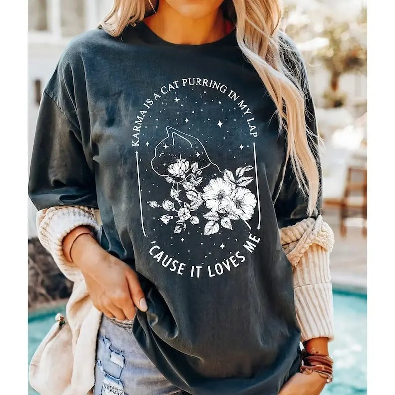 Karma Is a Cat Purring In My Lap Cause It Loves Me Shirt, Funny Cat Shirt, Karma Is A Cat Shirt, Animal ShirtLover Cotton Crewneck Shortsleeve