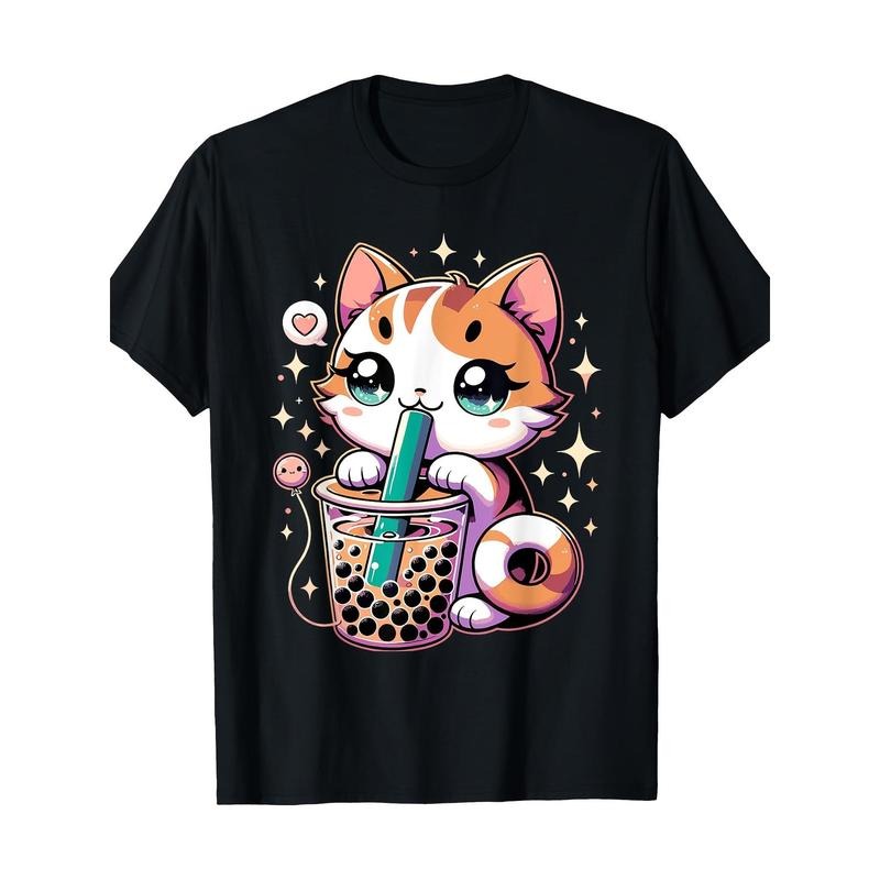 Kawaii Anime Cat Boba Tee, 100% Cotton Casual T-Shirt with Digital Print, Short Sleeve, Round Neck, Regular Fit for All Seasons Made in USA