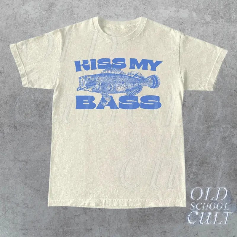 Kiss My Bass Vintage Style Fishing T-Shirt, Retro Fisher T Shirt, Fisher Gear, Fisher Graphic Shirt, Adult Unisex Relaxed Cotton Shirt Menswear Top