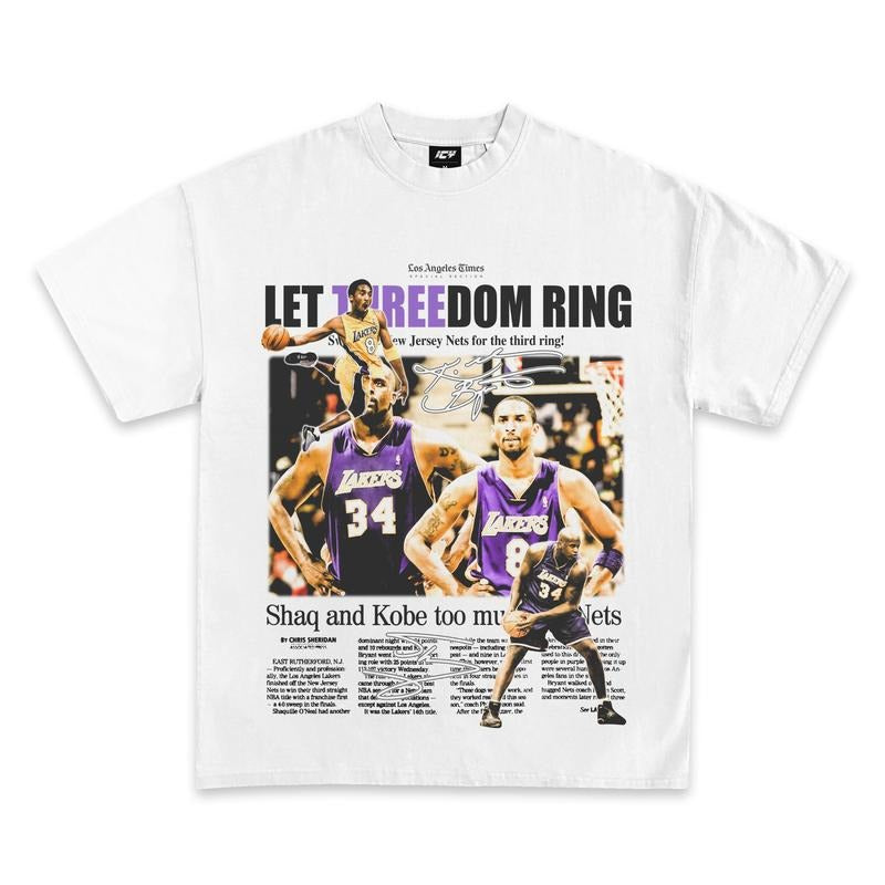 Kobe and Shaq Threedom Rings Newspaper Graphic T-Shirtstyle{n002}2