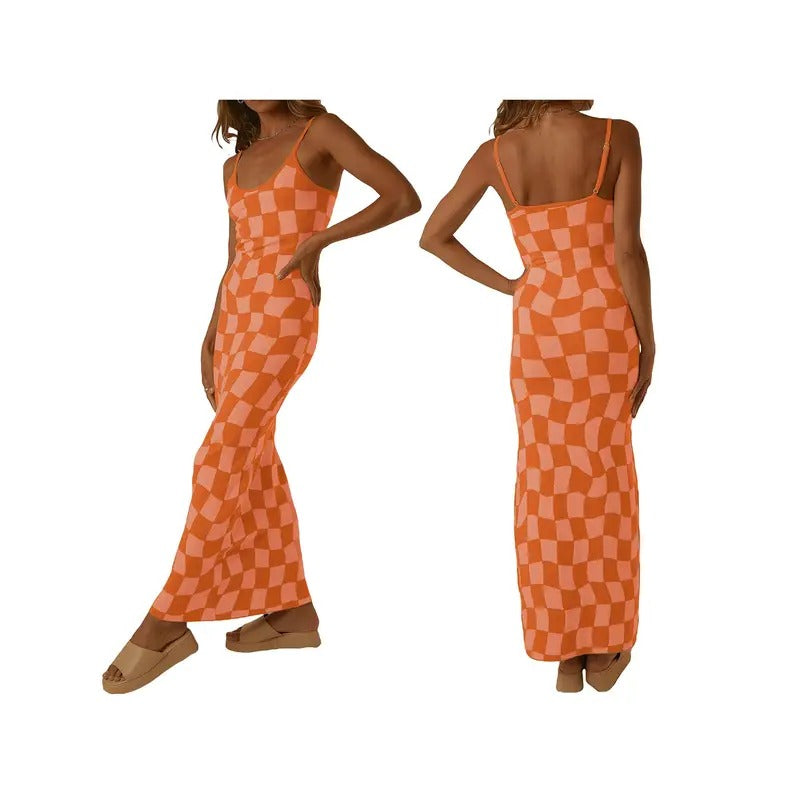 Female Slip Dress, Checkerboard Print Sleeveless Spaghetti Strap Low-Cut Backless for Summer, S/M/L Casual Womenswear