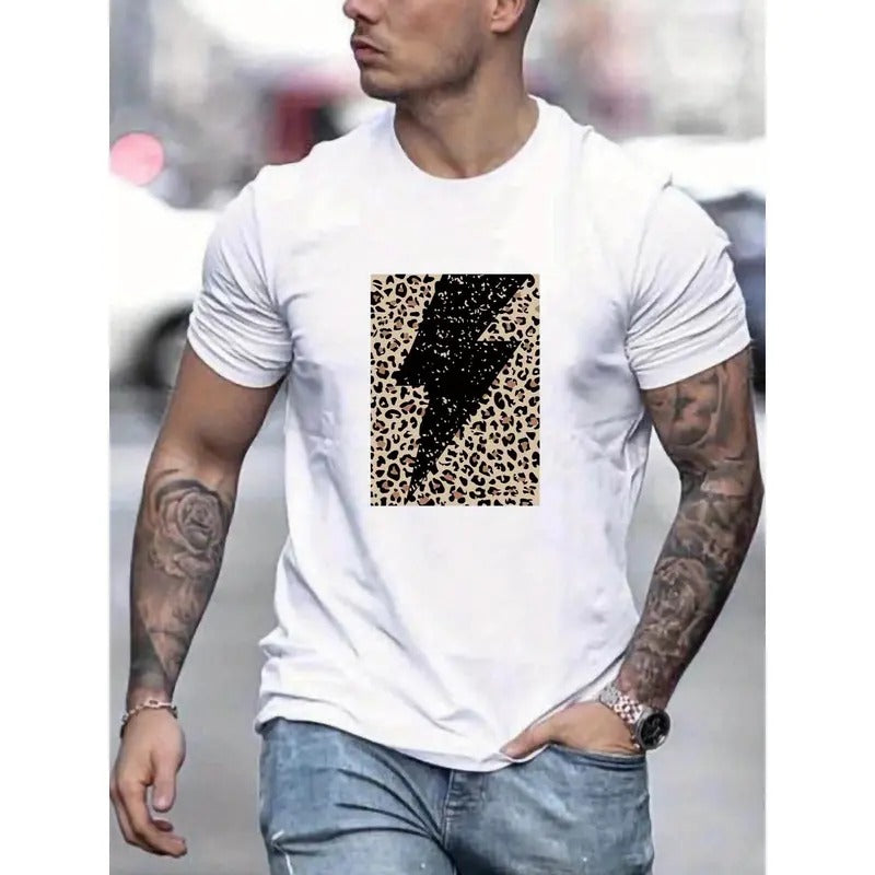 Leopard Print Graphic Tee - Comfortable Slightly Stretch, Stylish Graphic Design, Perfect for Mens Summer Wardrobe, Casual Outfits - Unique Lightning Pattern Print, Exclusively Designed for Men Made in USA