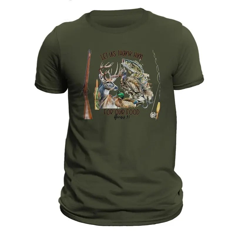 Let Us Thank Him For Our Food Hunting Fishing Men's T-Shirt Casual Classic