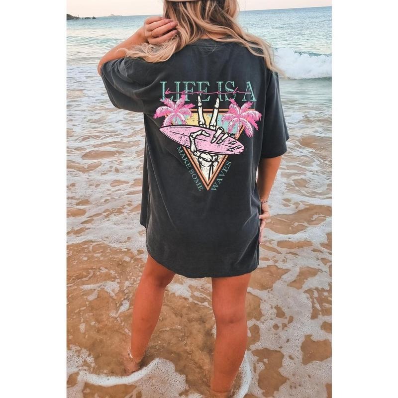 Life is a Beach Make Some Waves Oversized TShirt, Surfing Skeleton Shirt, Beach Tshirt, Summer Shirt, Graphic Tees For Women, Boho Tee