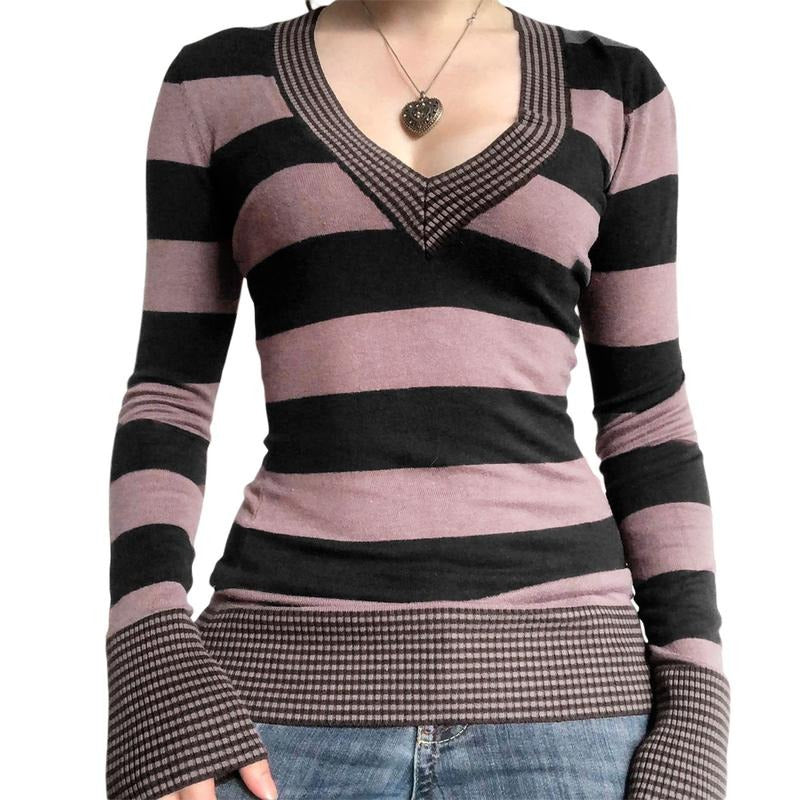 Women Trendy Knitted Tops, Knit Striped V-Neck Long Sleeve Ribbed Cuffs Knitwear for Females, Brown/Light Coffee Casual Fashion