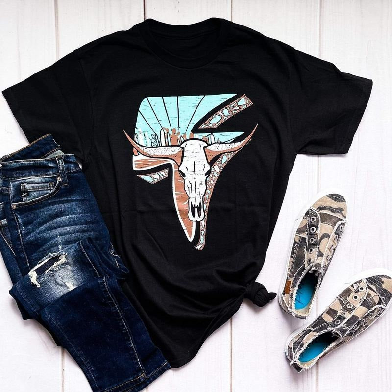 Lightning Cow Skull Graphic Tee
