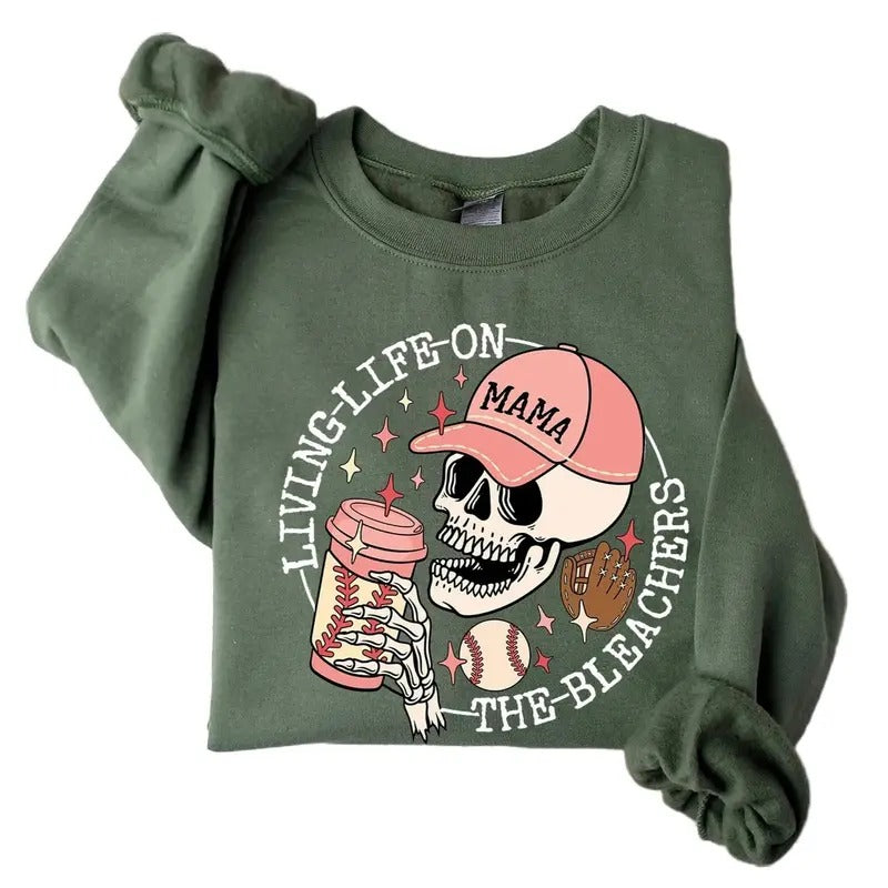 Living Life on the Bleachers Mama Sweatshirt, Skull Sweatshirt, Sports and Coffee Sweater, Baseball Mom Shirt Womenswear Leggings Casual Cotton