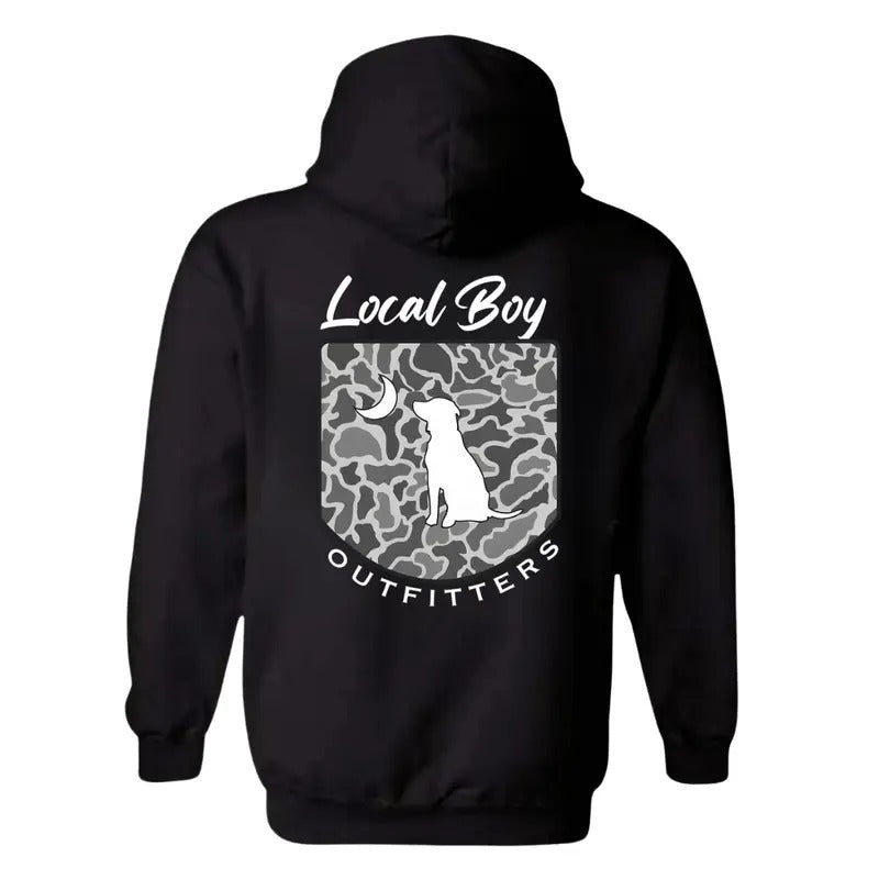 Local Boy Outfitters Hoodie - Classic Camouflage Design Featuring a Dog and Moon Graphic, Perfect for Outdoor Enthusiasts and Casual Wear, Unisex Hoodie for Everyday Comfort and Adventure Menswear Sweaters, Women Top , Gift For Boyfriend, Funny Shirt TTP