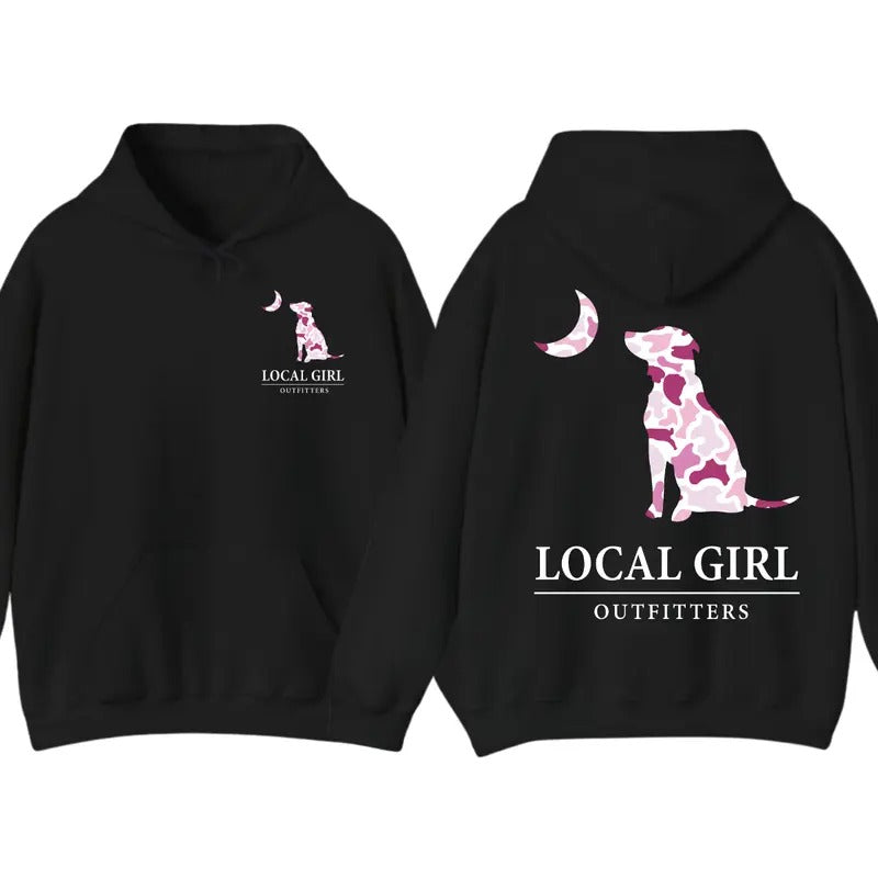 Local Girl Pink Camo flage Dog and Moon Hoodie T-Shirt, Gift For Women, Trendy Shirt