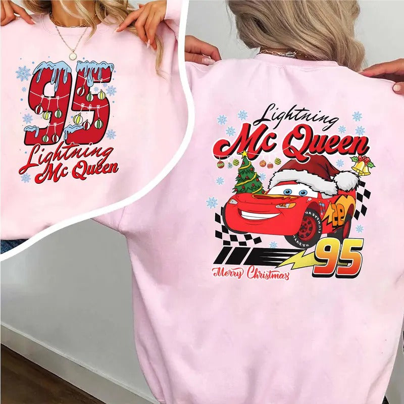 M.C.Que Christmas Sweatshirt 2 Sides, Christmas Cars Santa Sweatshirt, Cars Movie Christmas Shirt Classic Cotton Fabric Collars Unisex Soft Menswear