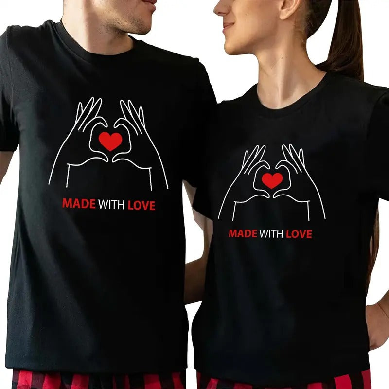 Made With Love Couple Matching TShirt Cotton Fabric Casual Streetstyle Crew Neck Short Sleeve T-Shirt Trendy Tops for Women for Men, Date Gifts