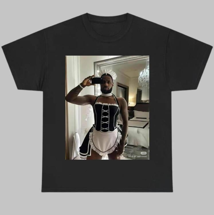 Maid Lebron James Selfie Graphic Shirt, Meme Cringe Shirts, Funny Gift Idea, Menswear Streetwear Shortsleeve Tropical ,Top Womenswear