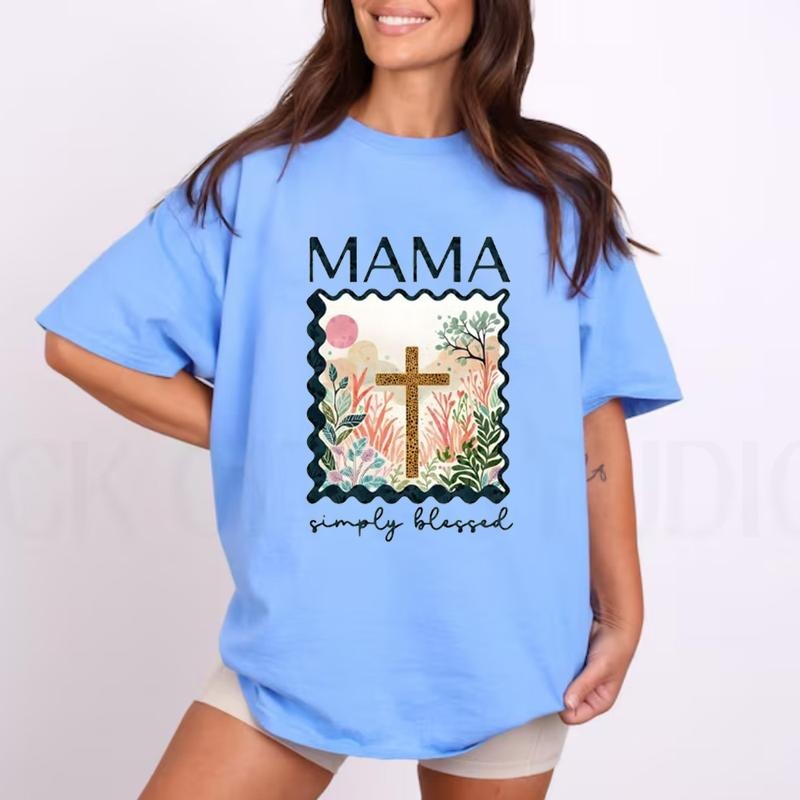 Mama Simple Blessed Christian Graphic Tee Pure Cotton Casual Street Style Crew Neck Short Sleeve T-Shirt Tops Trendy For Women For Men, Perfect Gift