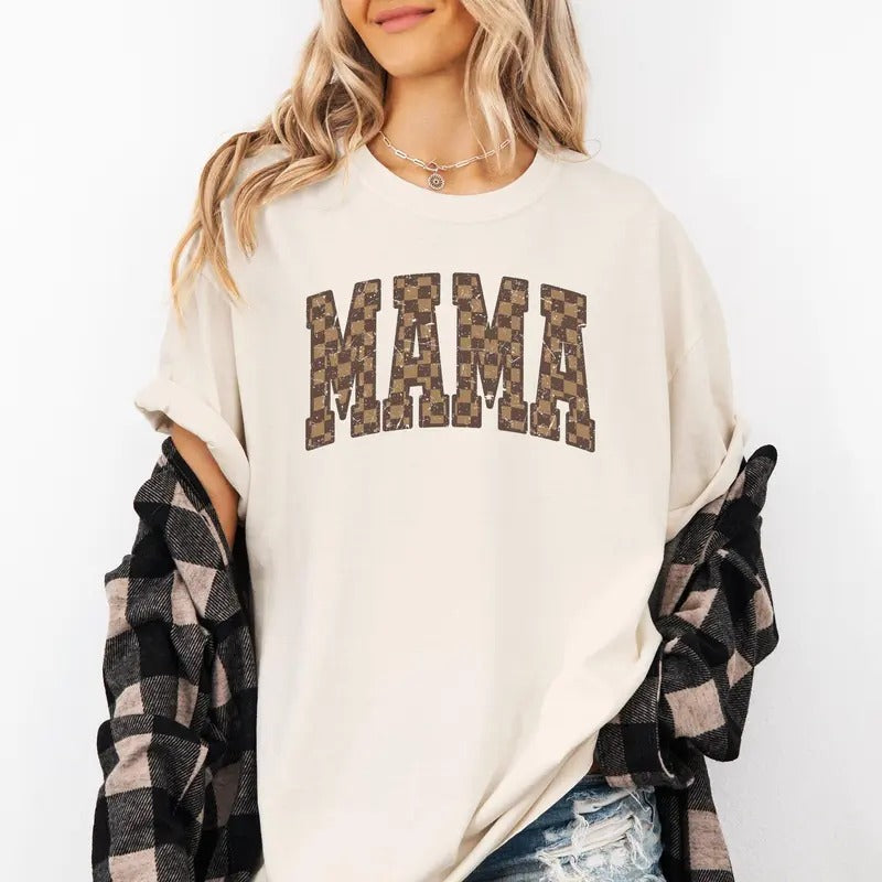 Mama, Brown Checkered, Retro, Varsity, Mother's Day Tshirt, Women's Comfort Colors Tee