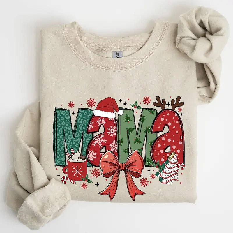 Mama, Christmas Fun, Reindeer, Hot Chocolate, Cake Sweatshirt, Crew Neck, Women's, Crewneck