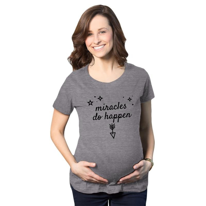 Maternity Miracles Do Happen Pregnancy T Shirt Inspirational Tee for Belly Bump Funny Graphic Maternity Tee Cute Pregnancy Tees With Dark Grey