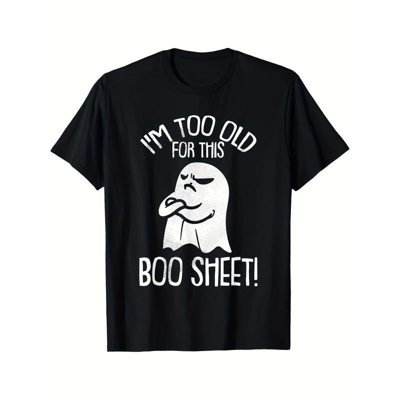 Men'S Halloween Ghost T-Shirt - Mature Style, 100% Cotton Crew Neck, Short Sleeve, Regular Fit, All-Season Comfort, Casual Daily Wear, Black - "I'm Too Old for This Boo Sheet" Print Made in USA